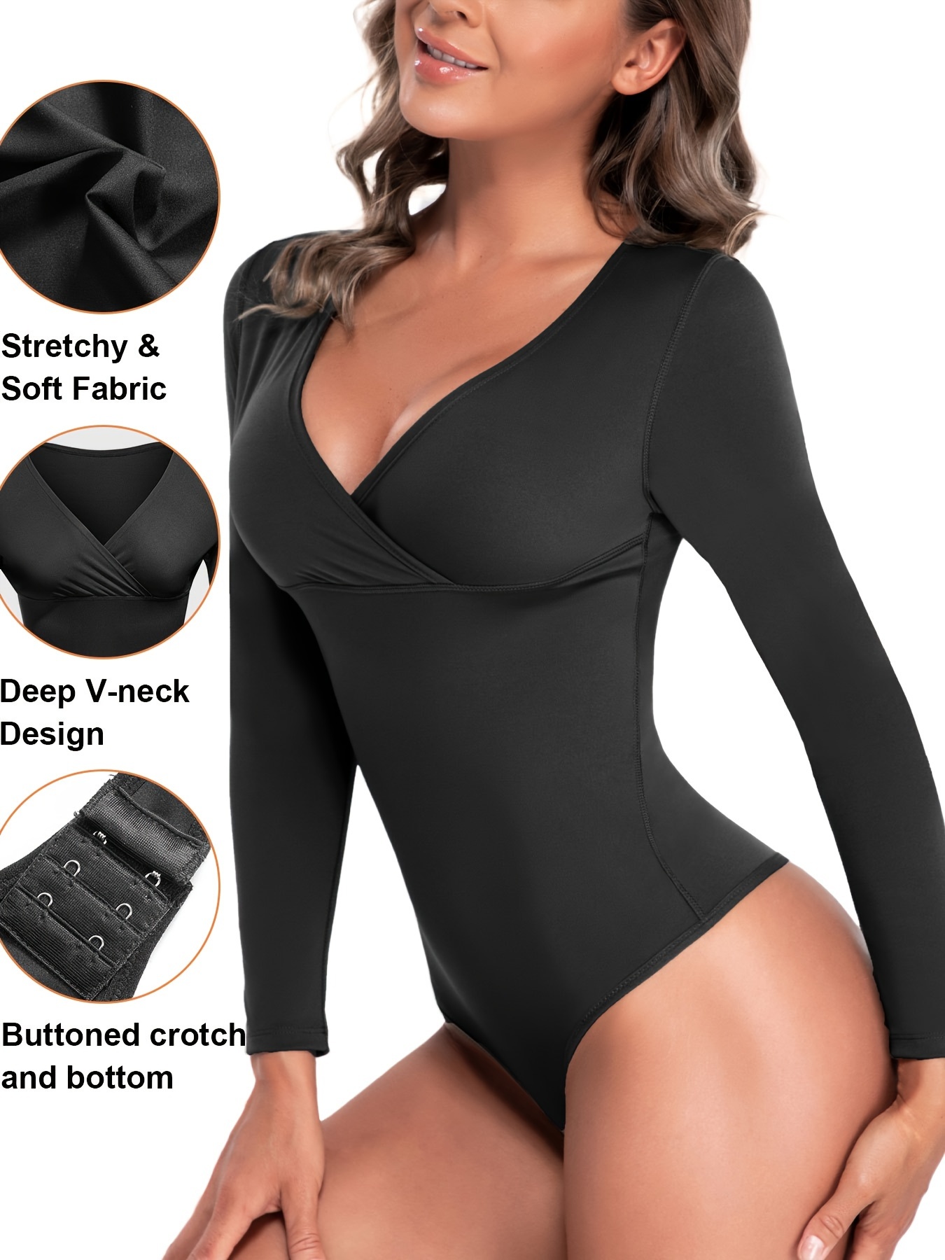 Thong Bodysuit for Women Deep V Neck Long Sleeve Bodysuit, Tummy