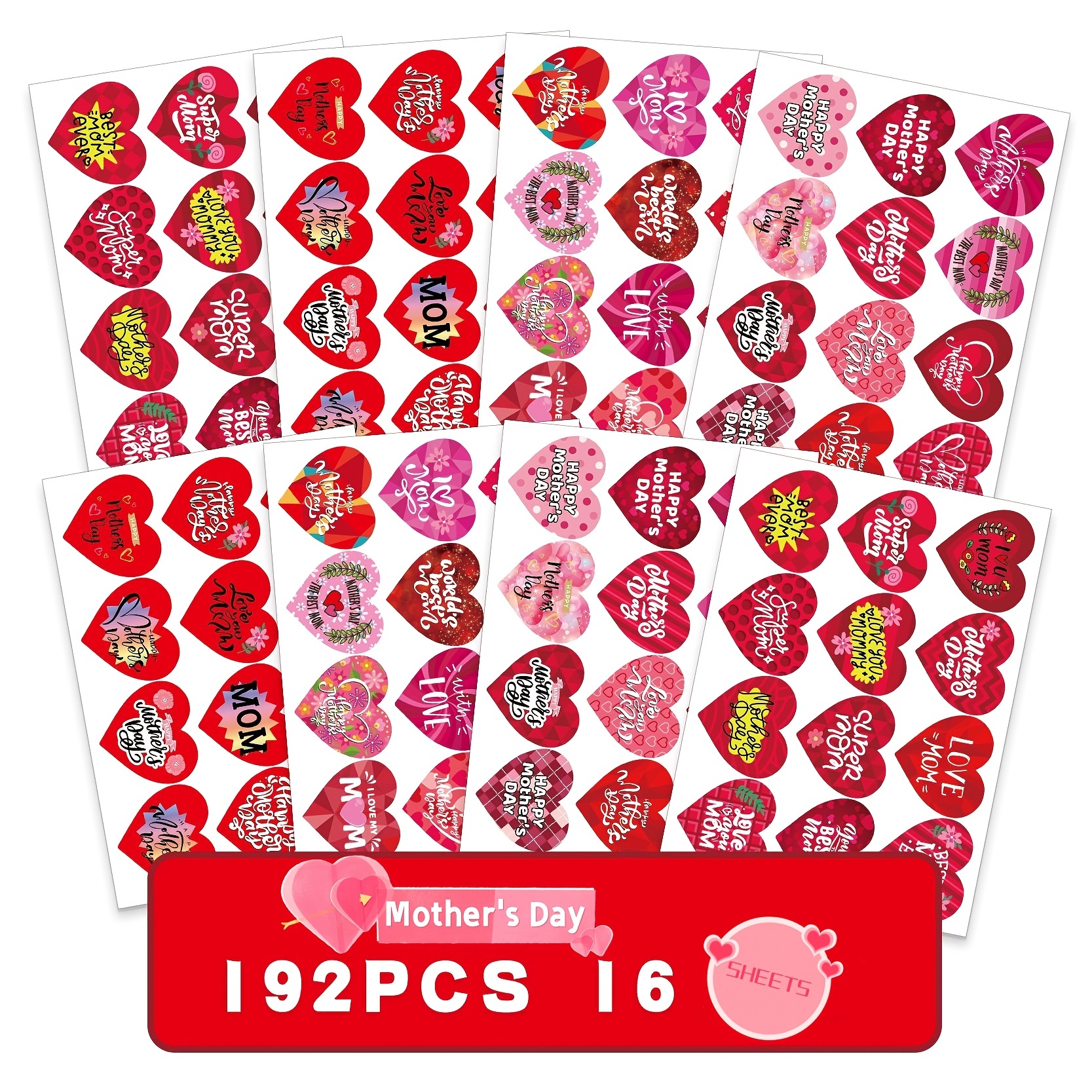 Red Heart Stickers,192 Pcs Heart Decorative Stickers for Valentines Day  Mother's Day Envelopes Wedding Scrapbooking