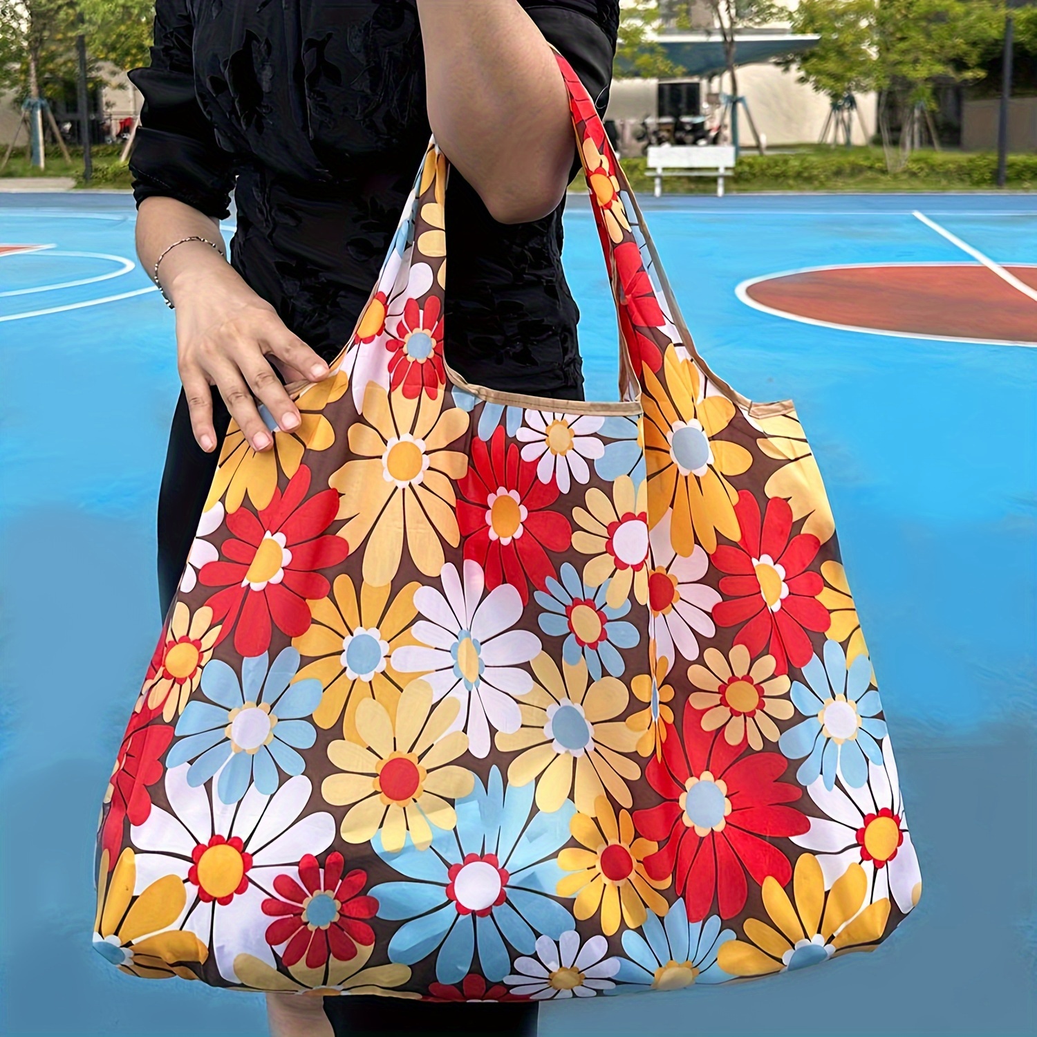 

Waterproof Large Capacity Bag, Portable Lightweight Shopping Bag, Colorful Daisy Print Pattern Outdoor Portable Camping Travel Carry-on Luggage Bag