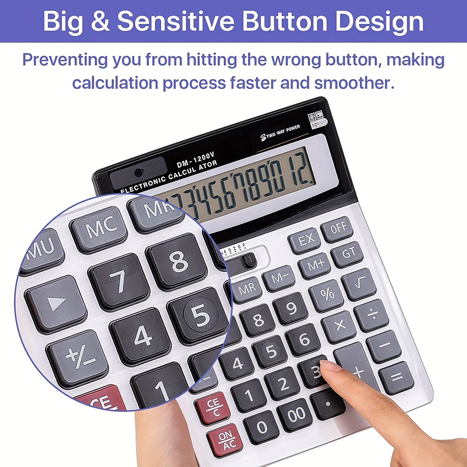 12 Digit Desktop Calculator With Large Buttons Two Way Power