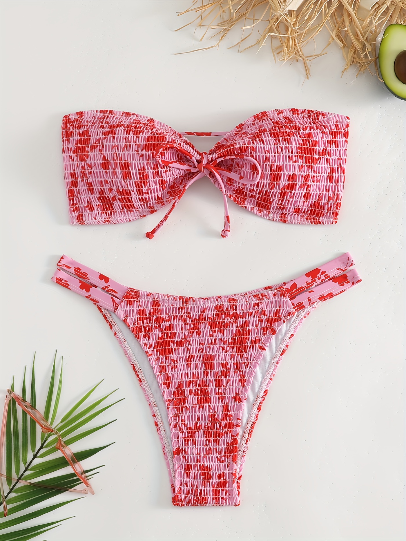Red Ditsy Floral Print Shirred Bandeau 2 Piece Set Bikini, Lace Up Tie Back Stretchy Swimsuits, Women's Swimwear & Clothing