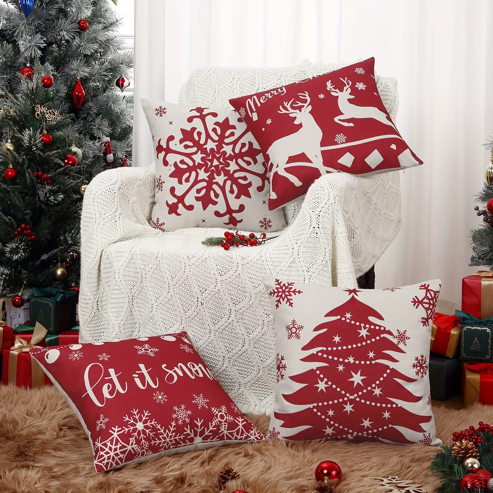 4pcs/set Christmas Linen Blend Throw Pillow Case, Square Cushion Case,  Decorative Pillow Cover For Living Room Bedroom Couch Sofa, Home Decor Room  Dec