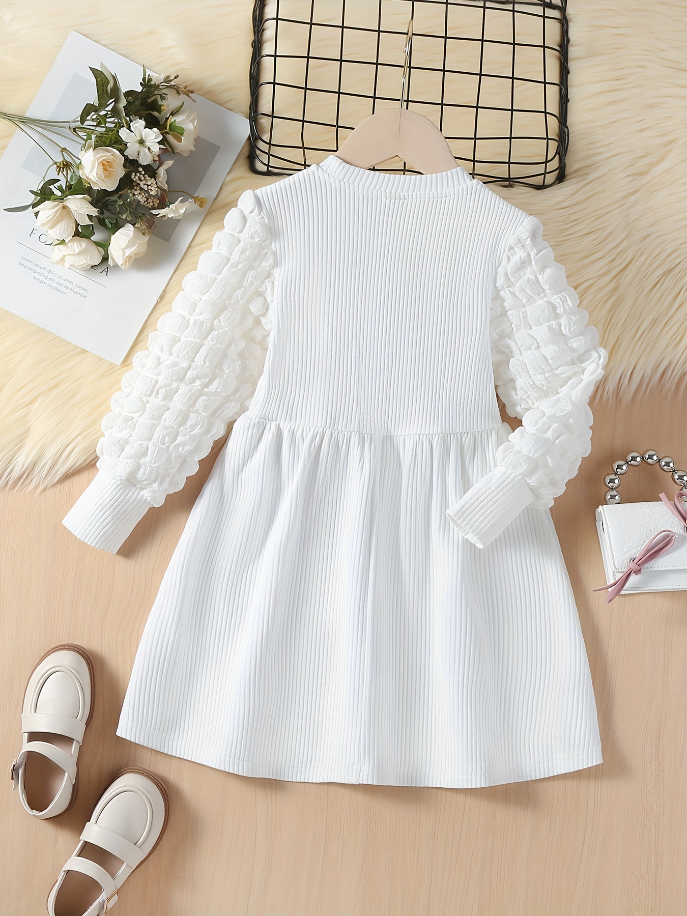 Vestido blanco liso para niñas, ropa de verano con manga con