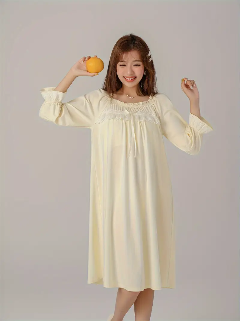 cute sleep dress Defitshape Women's Long Sleeve Nightgown Padded Midi Ruffle Nighty Cotton Sleepwear Purple 14 Elegant square collar Lace Cute Night Dress For
