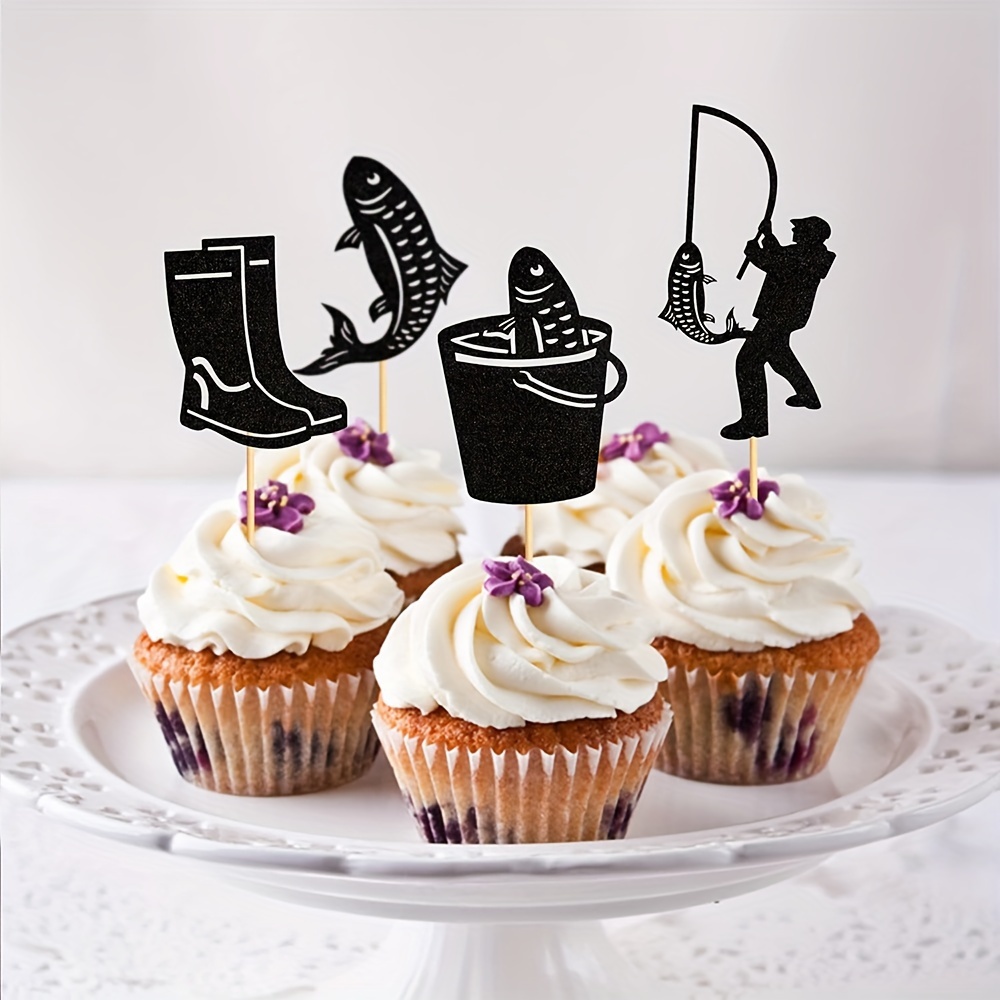 12pcs, Black Fishing Cupcake Toppers Outdoor Fishing Cupcake Topper For  Fisherman Birthday Party Decoration Supplies