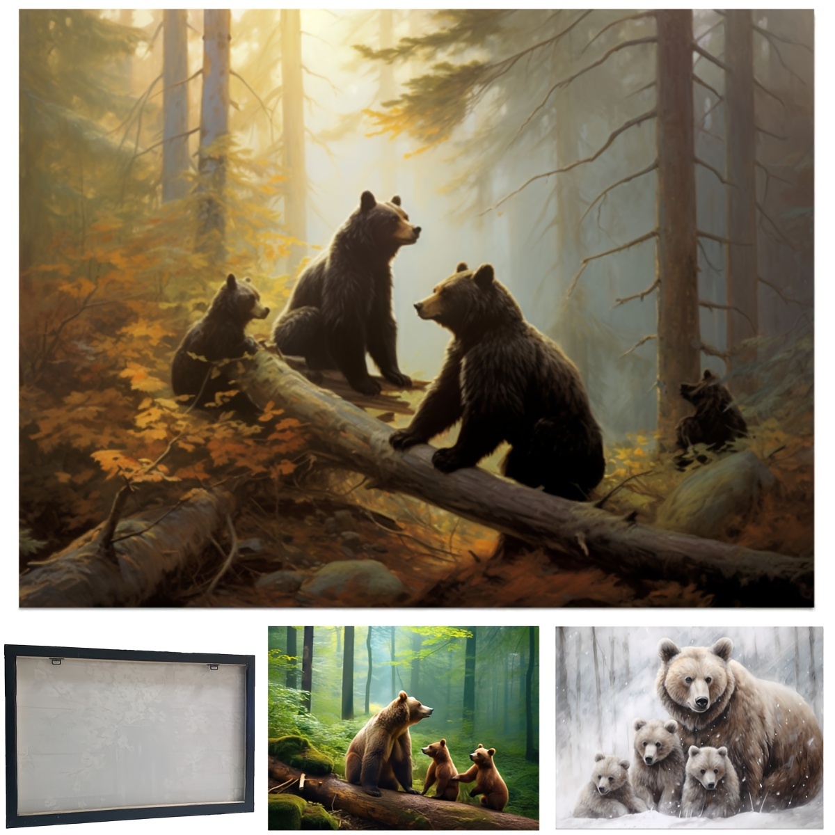 1pc Affiche Encadrée D'impression Sur Toile D'animal, Art Mural Sur Toile  D'ours Grizzli