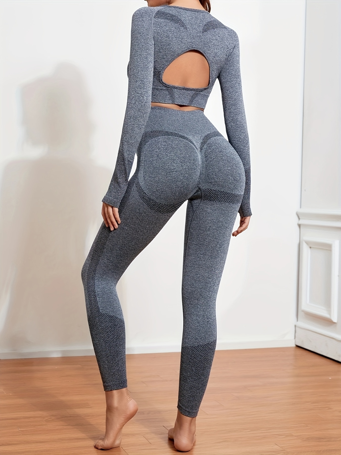 Solid Color Yoga Sports Sets Ribbed Crop Top High Waist Butt - Temu