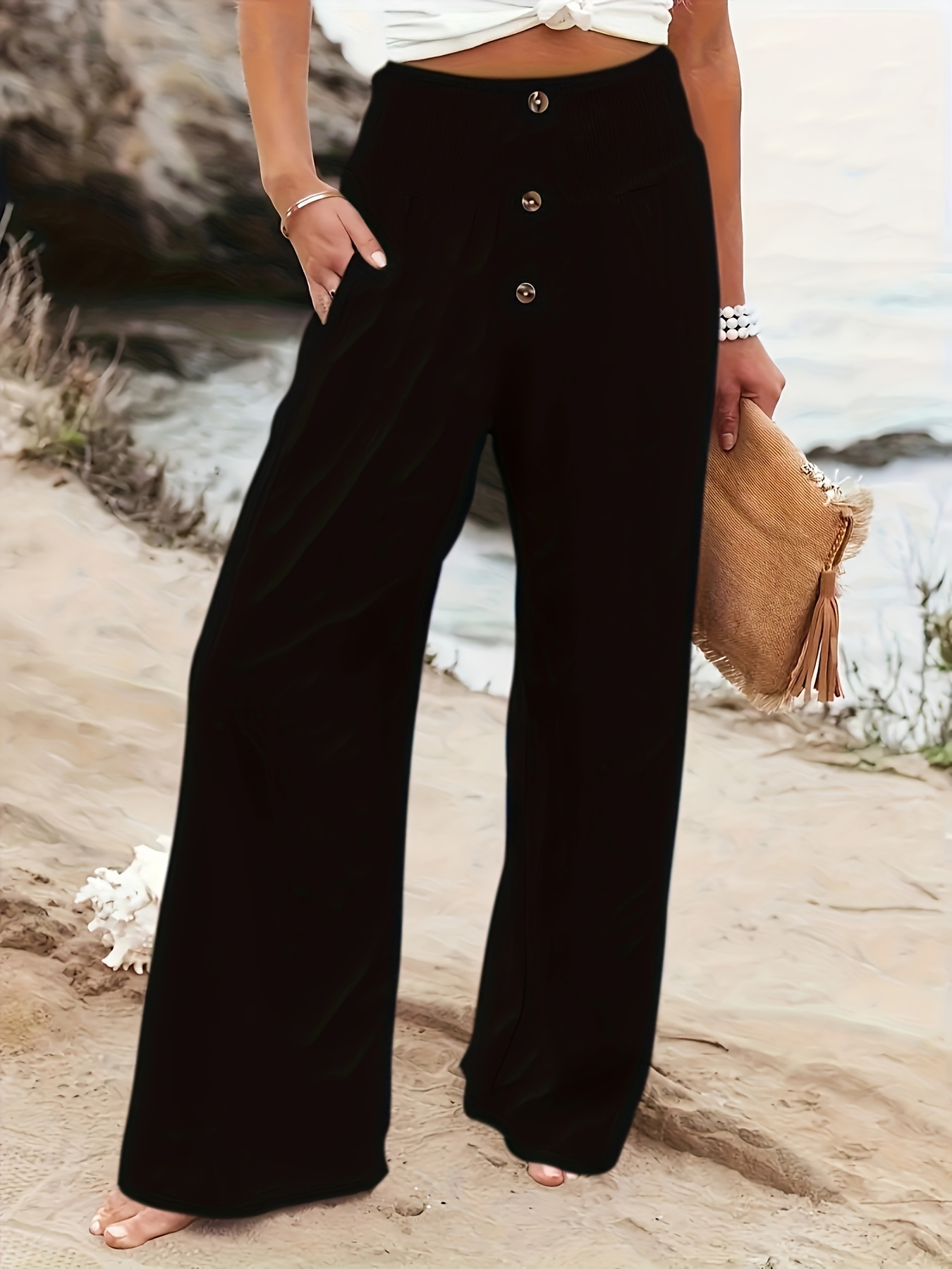 Solid High Waist Pants Casual Wide Leg Pants For Spring Fall - Temu