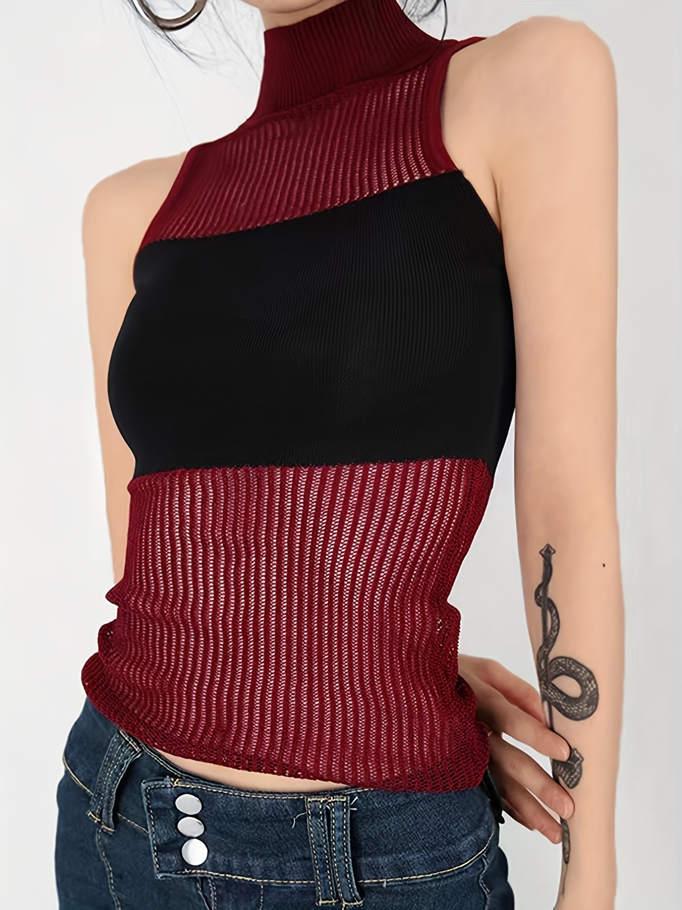 Y2k Color Block Slim Knitted Top, Turtle Neck Sleeveless Top For