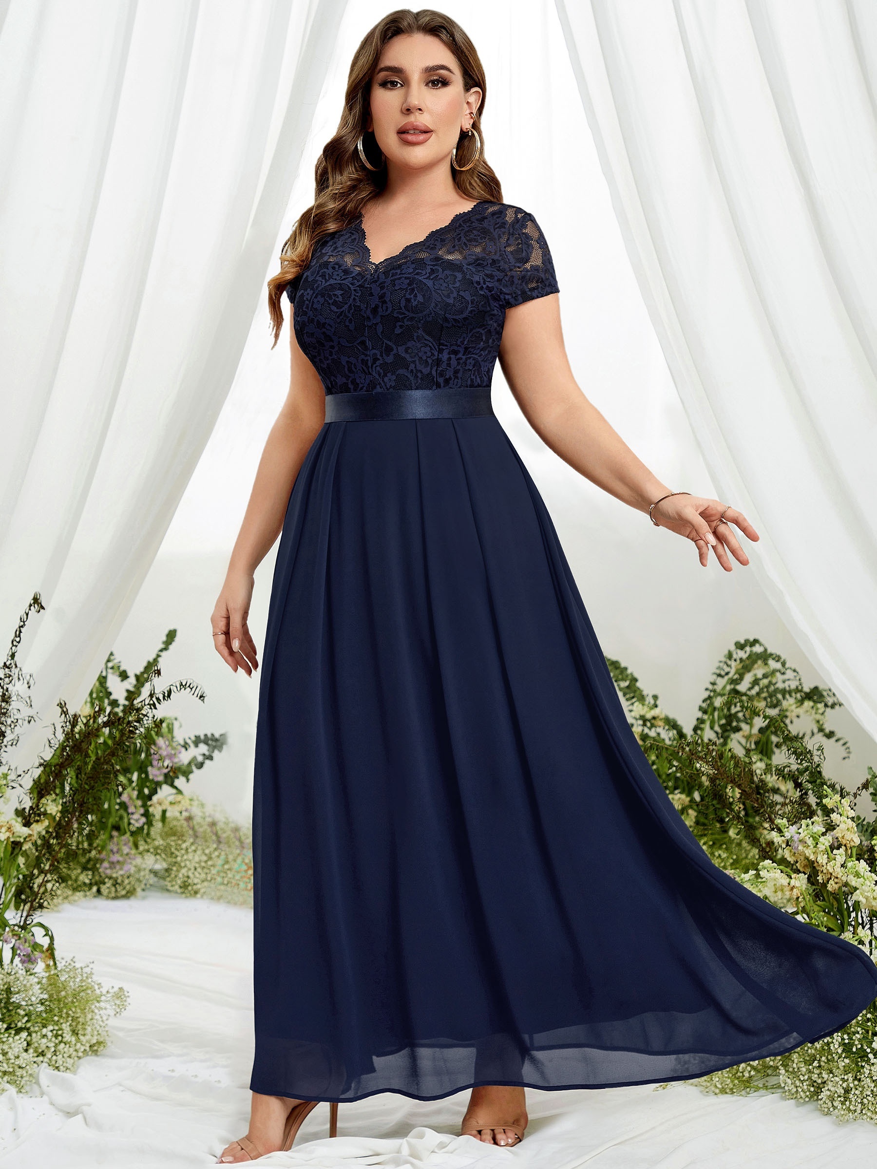 Plus Size Elegant Bridesmaid Dress, Women's Plus Solid Contrast Lace Short  Sleeve V Neck Mesh Overlay Maxi Evening Formal Dress