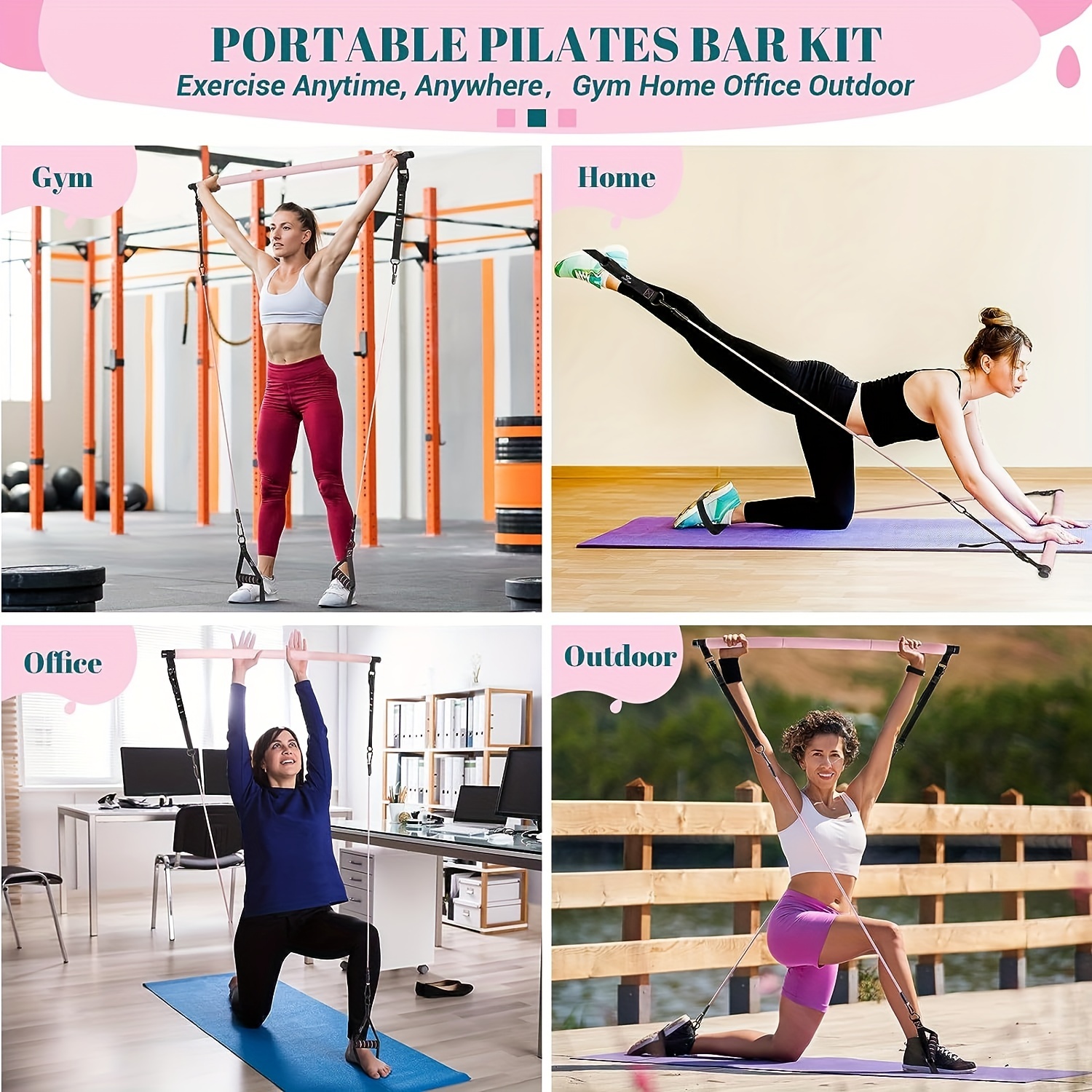 Pilates Bar Set Pilates Bar Kit With 4 Resistance Bands Portable Fitness Equipment  Yoga Set