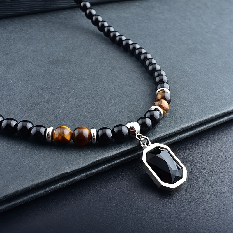 Stainless Steel Mens Bead Necklace Natural Stone Necklaces Black