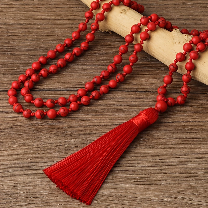 108 Red Coral Mala Necklace Meditation Beads Boho Beaded