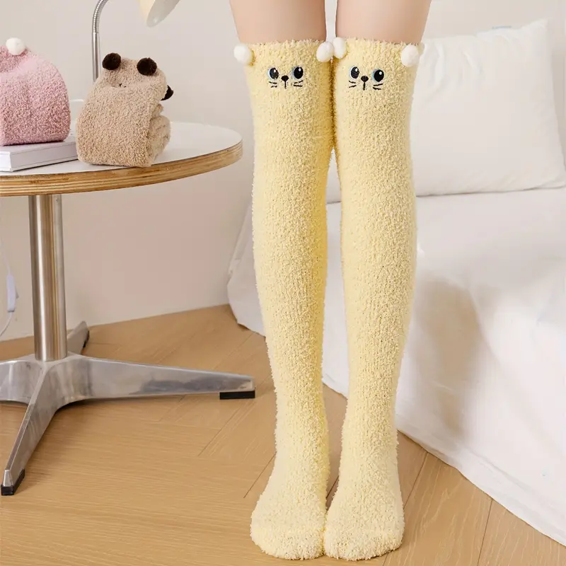 Yellow fleece thigh high socks, Socks plus size, Fuzzy socks