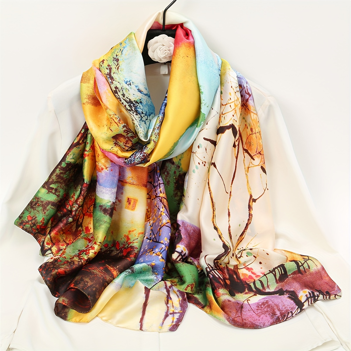 

Multicolor Pattern Printed Scarf Thin Smooth Satin Shawl Elegant Style Sunscreen Travel Scarf For Women