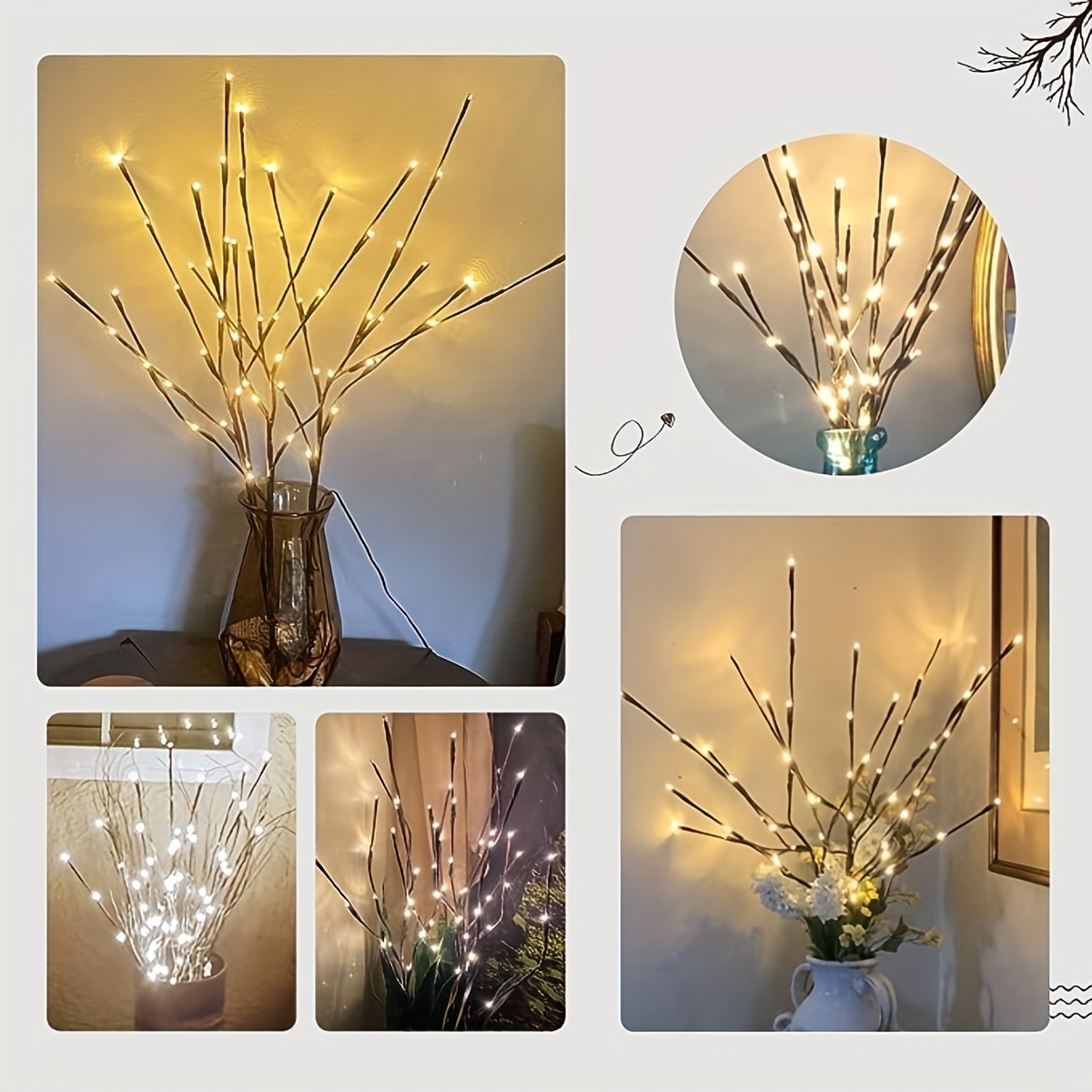 3 Pack Warm White Lighted Twig Branches 60 LED Lights Artificial Tree  Willow Branches Lamp for Home Holiday Party Decoration Decor Battery  Operated