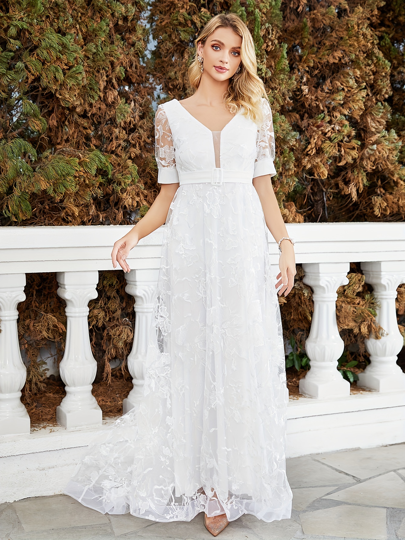 Contrast Lace V Neck Wedding Dress Elegant Short Sleeve Maxi