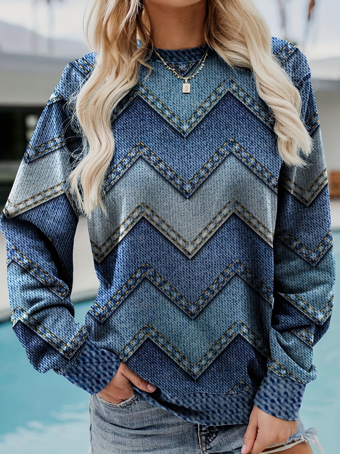 Denim Print Pullover Sweatshirt Casual Long Sleeve Crew Neck Temu