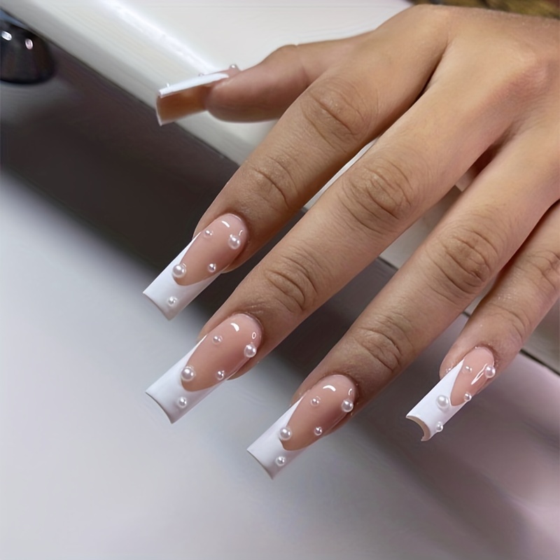 Cute Coffin Shape Press On Nails Nude With White - Temu