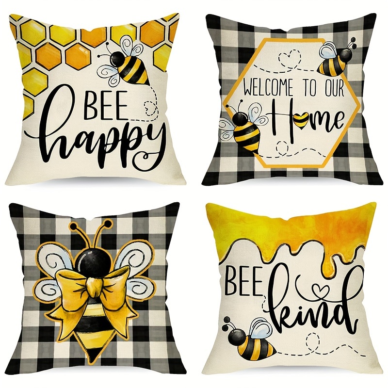 TEMU 4pcs Summer Decorative Throw Pillow Covers 16x16/18x18/20x20 Inch Set Of 4, Spring Black Case Decor, Welcome To Farmhouse Decoration For Sofa