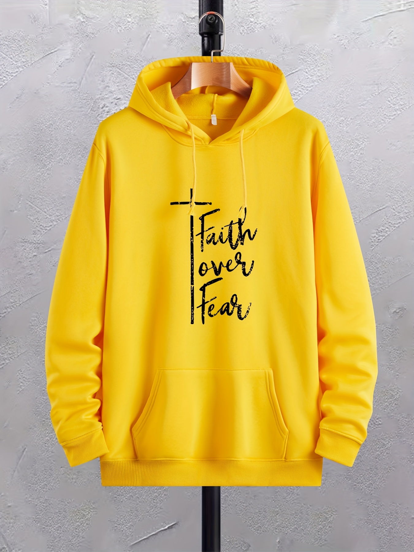 Men's ''faith Over Fear'' Print Fleece Hoodie, Comfy Stretch