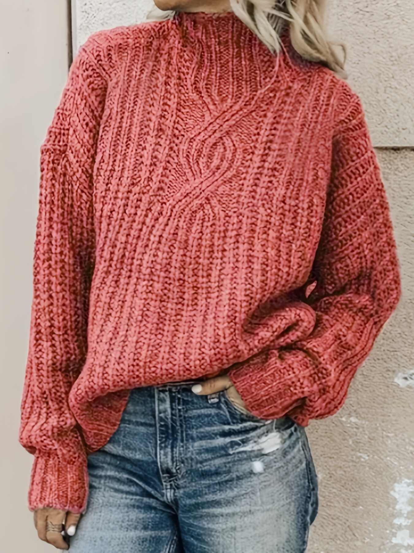 Suéter de punto de cuello alto para mujer, jersey rojo de moda, grueso,  suelto, 5 colores