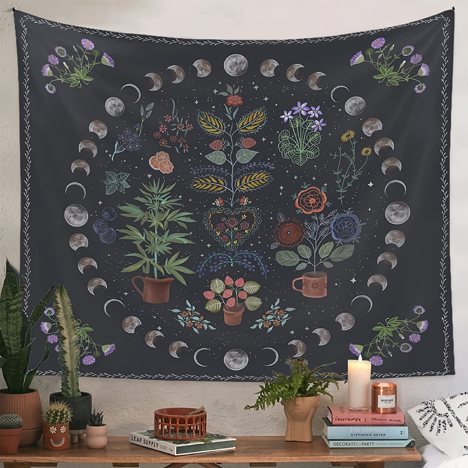 Botanical Tapestry Decor For Bedroom Aesthetic, Boho Moon And Sun