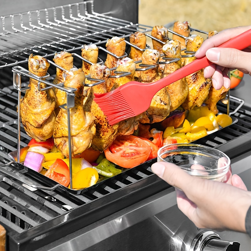 Chicken Leg Wing Rack 14 Slots Stainless Steel Metal Roaster Stand with Drip Tray for BBQ Smoker Grill or Oven, Dishwasher Safe