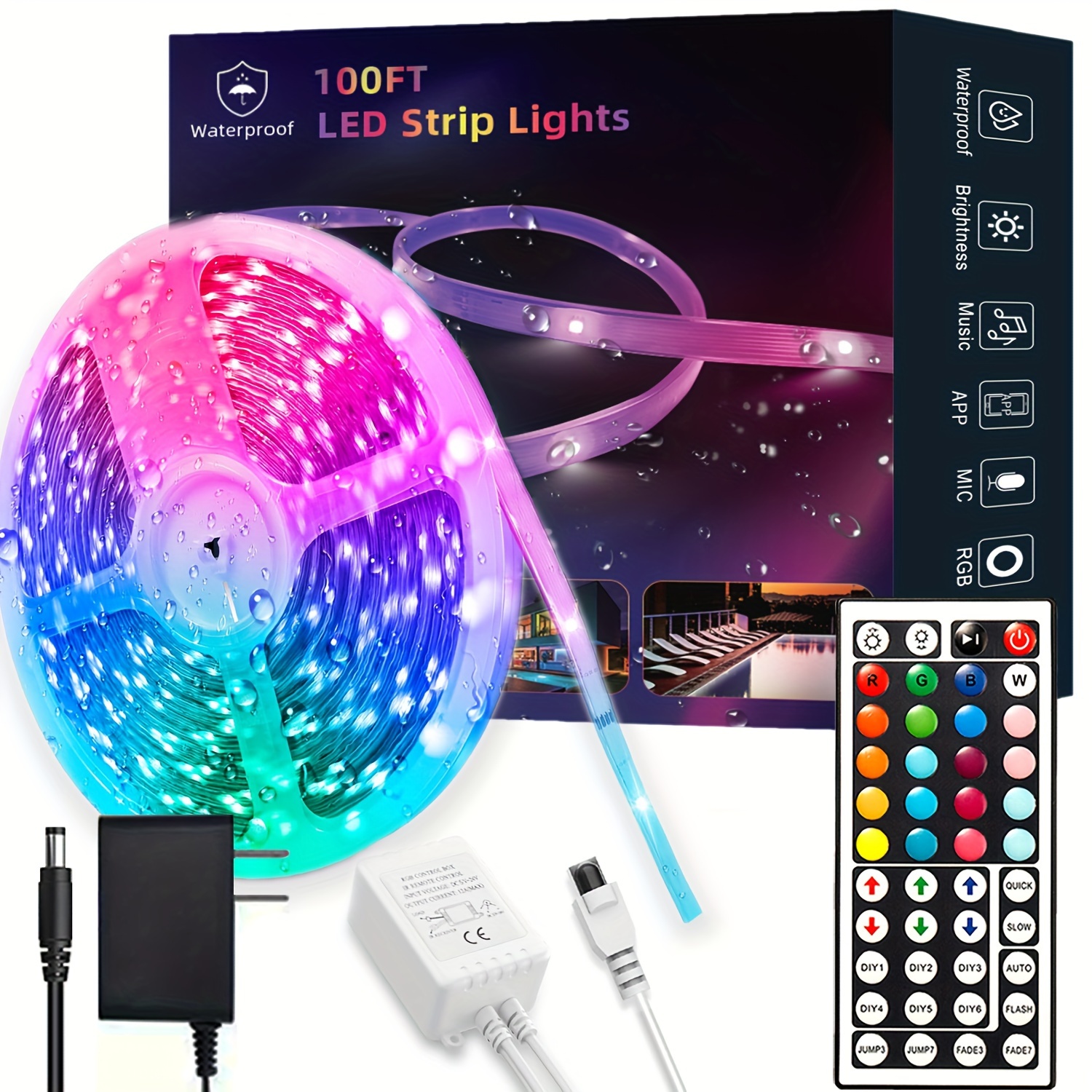 Tira de luces LED para exteriores de 100 pies impermeable, sincronización  de música RGB IP65, tiras de luz LED exteriores impermeables con aplicación