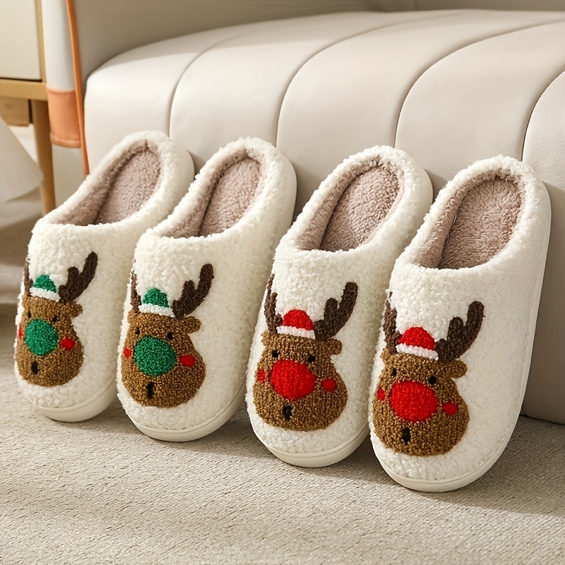 cartoon christmas deer print slippers slip on round toe non slip fuzzy warm home slippers plush cozy indoor shoes 1