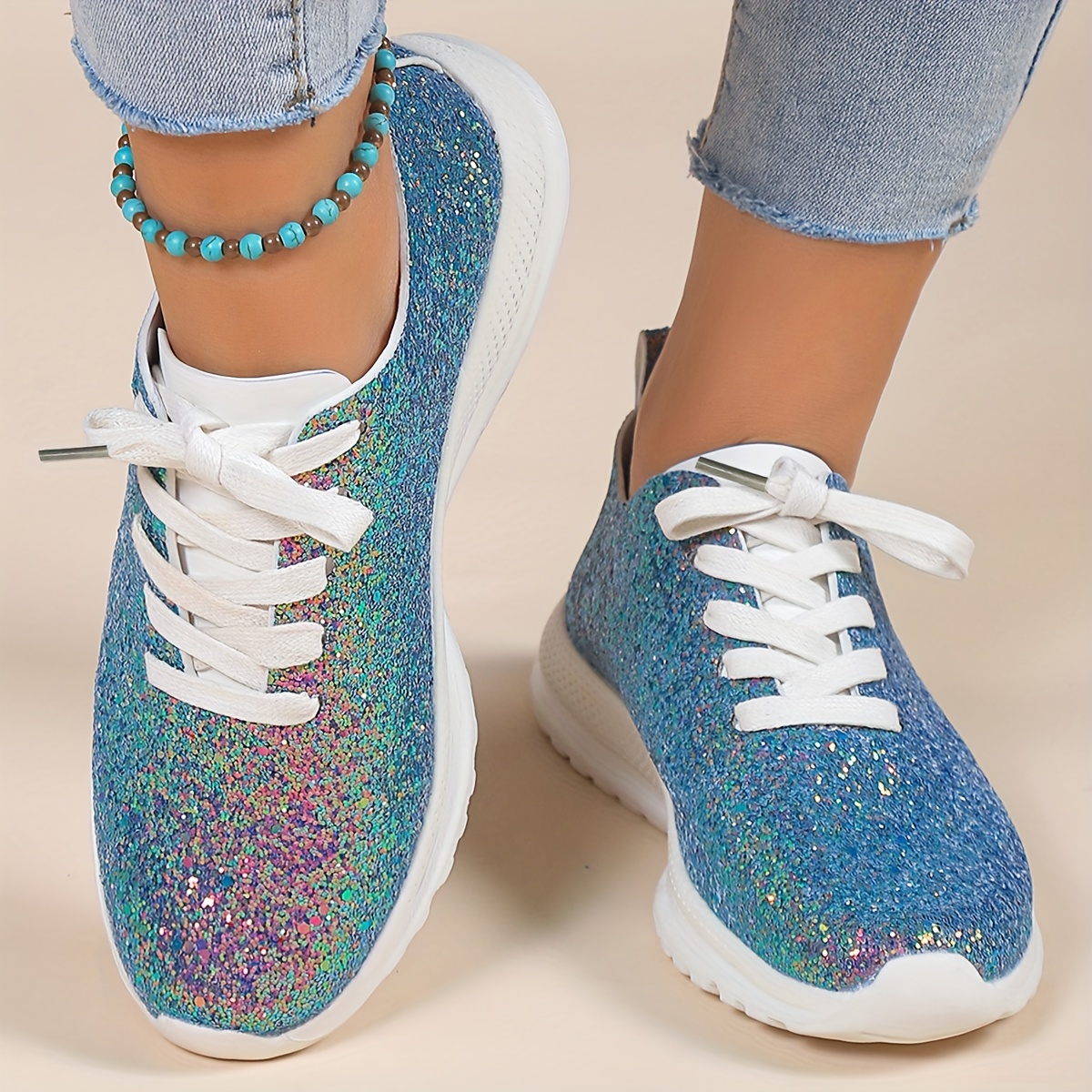 Solid Color Glitter Sneakers, Women's Sequins Decor Lightweight Casual Slip Sneakers,Women Tennis Shoes,Temu