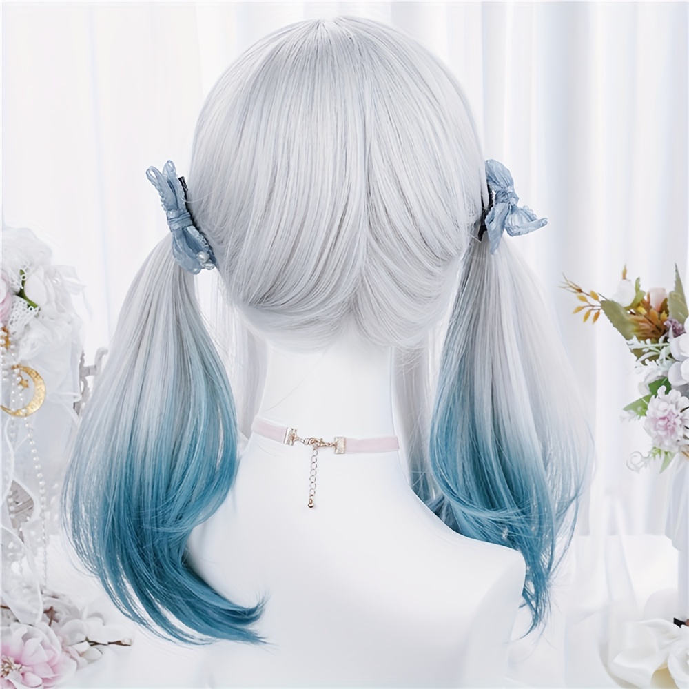 women synthetic wig long straight ombre two tone silvery grey blue hair for cosplay with bangs anime cosplay wig costume wig for halloween party details 4