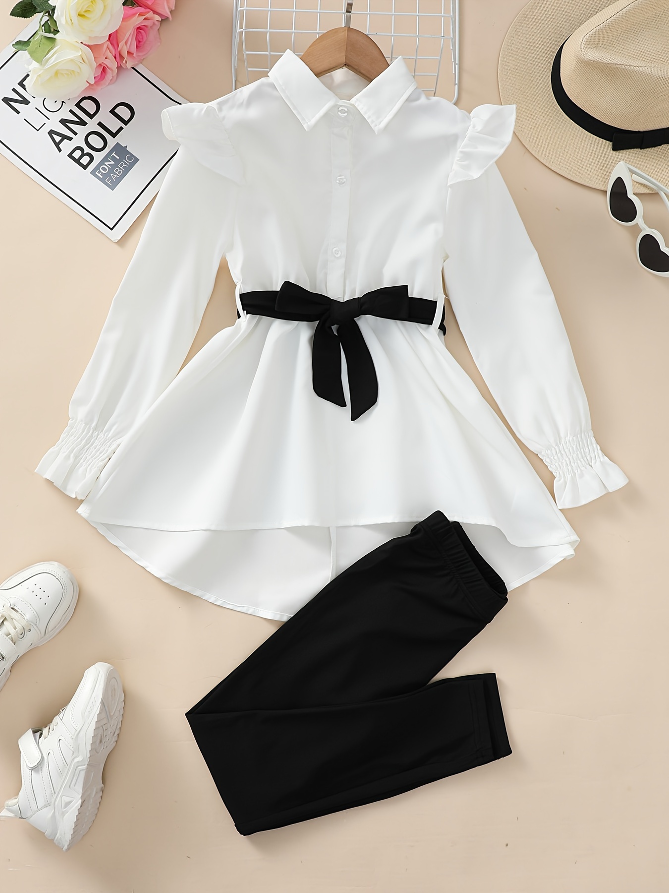 Girls Cute Casual Elegant Shirt Dress Belt Leggings Set - Temu