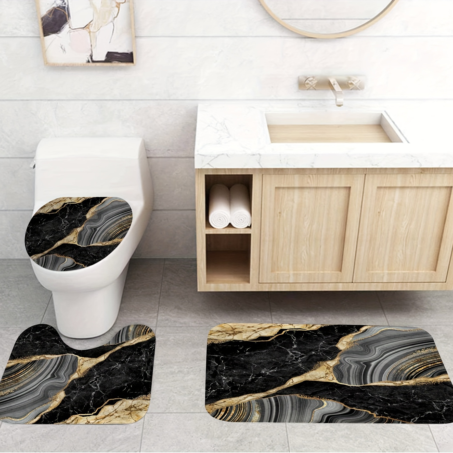Set of 2 Marble Design Bath Mat, Non-slip Bath Rug, Gold Bath