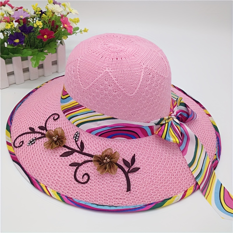 Flower Print Streamer Decor Sun Hat Personalized Wide Brim - Temu