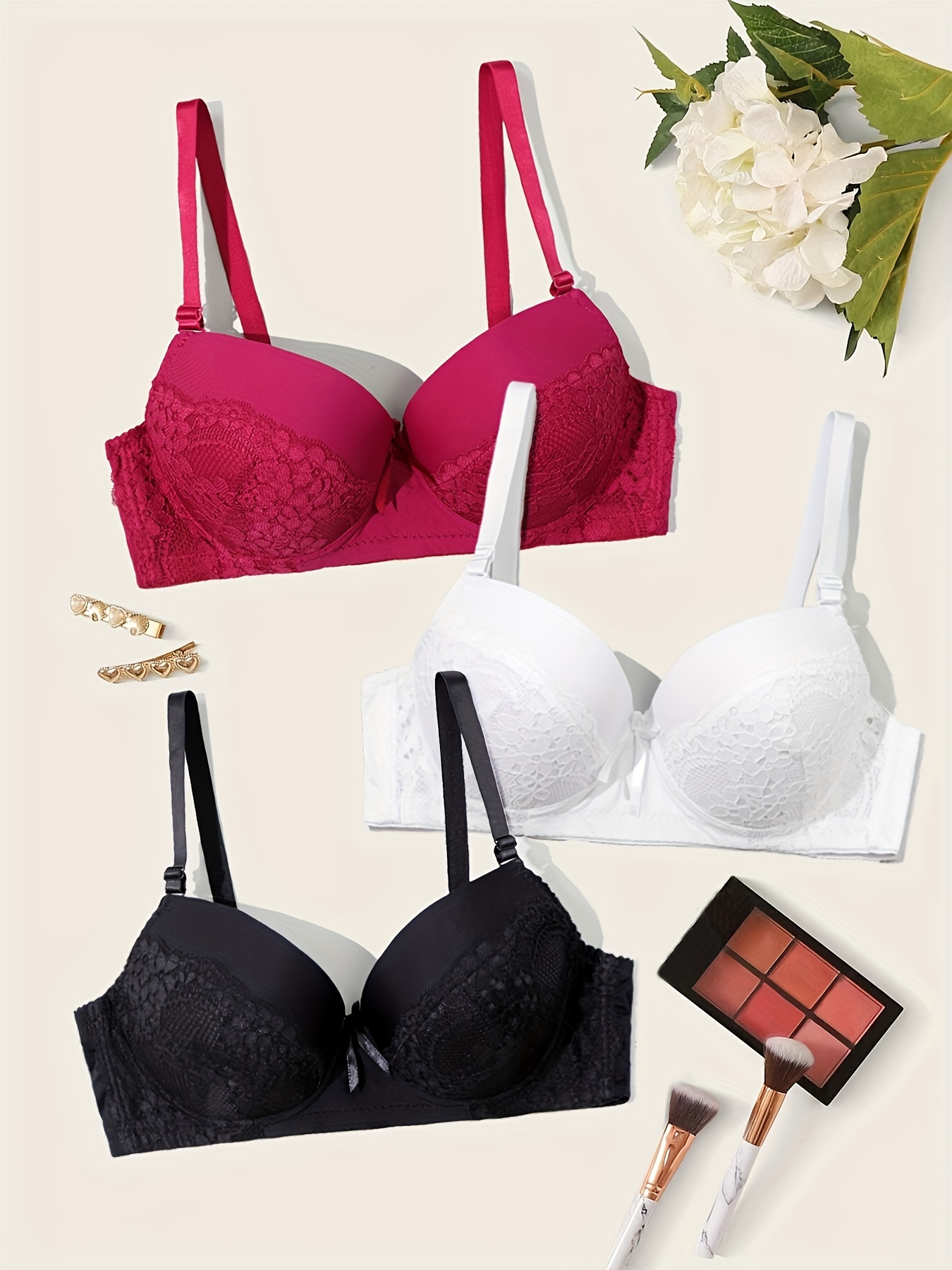 Contrast Lace Push Up Bra, Comfy & Breathable Bow Tie Intimates Bra,  Women's Lingerie & Underwear