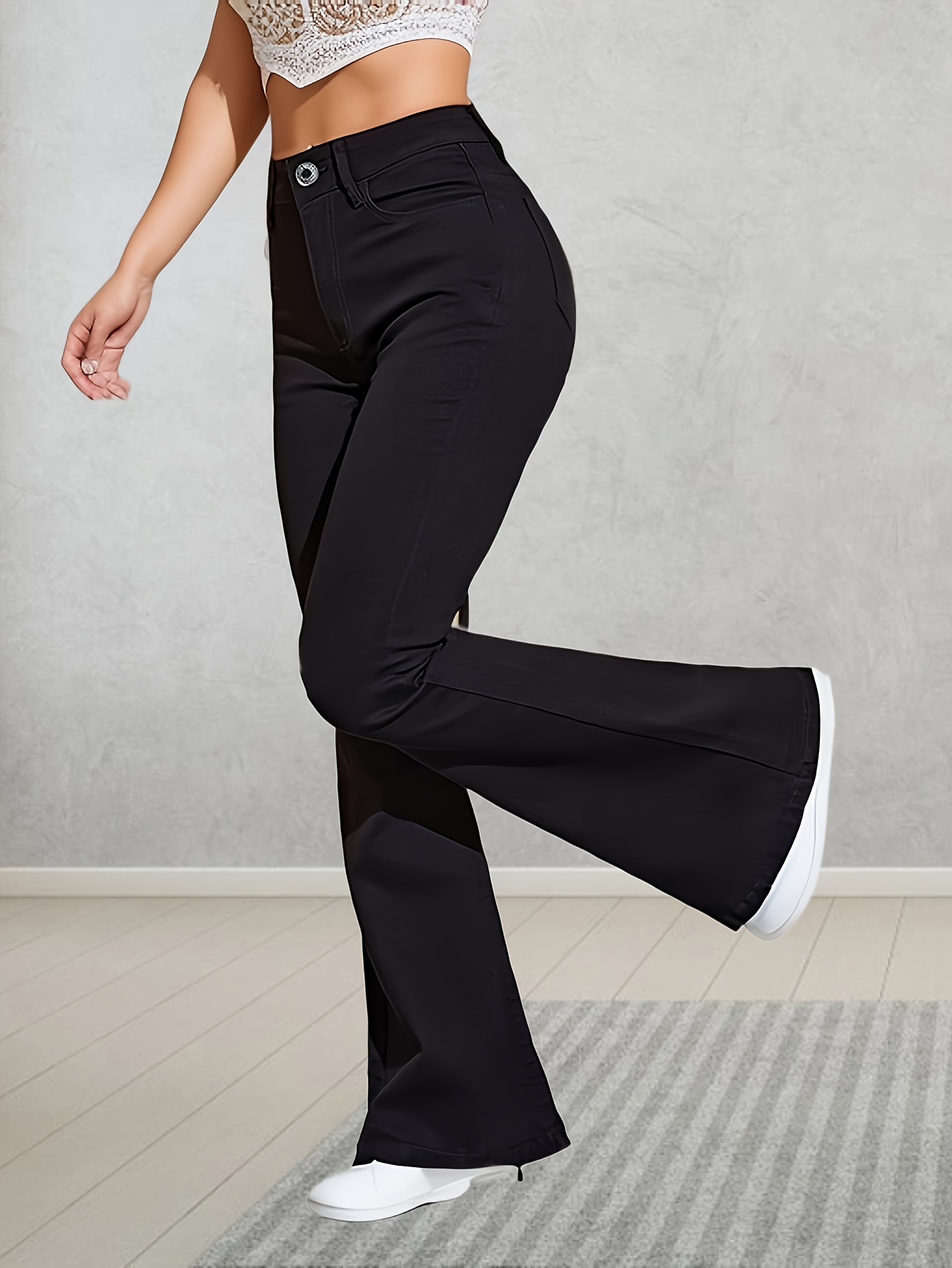 Jeans acampanados de cintura alta y ajuste ceñido negro, de alta  elasticidad, pantalones de campana versátiles, jeans de mezclilla y ropa  para mujer