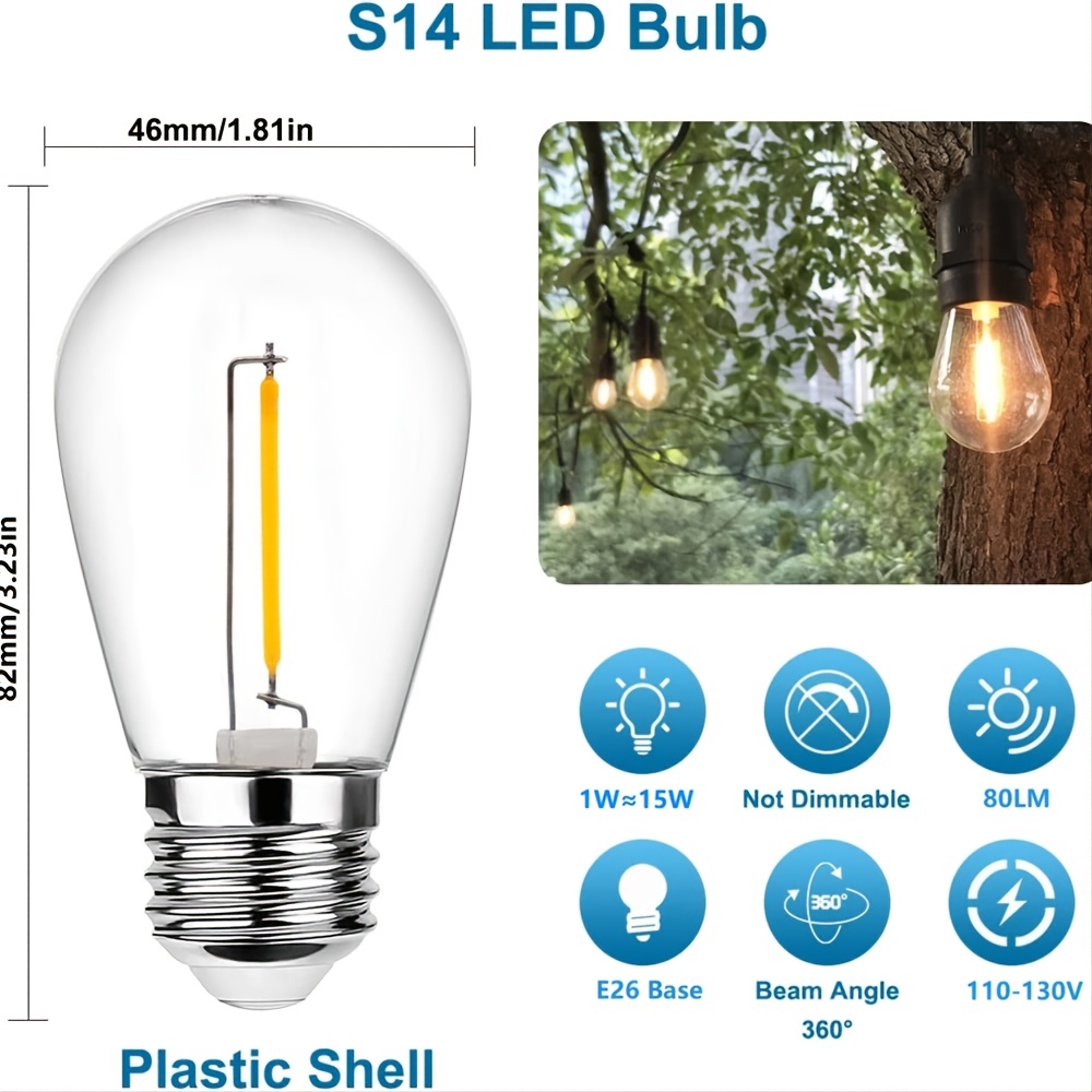 Jslinter Colored String LED Light Bulbs - 1 watt Plastic Outdoor Indoor S14  Bulbs for Christmas String Light Replacement - Shatterproof - E26 Base -  16Pack 