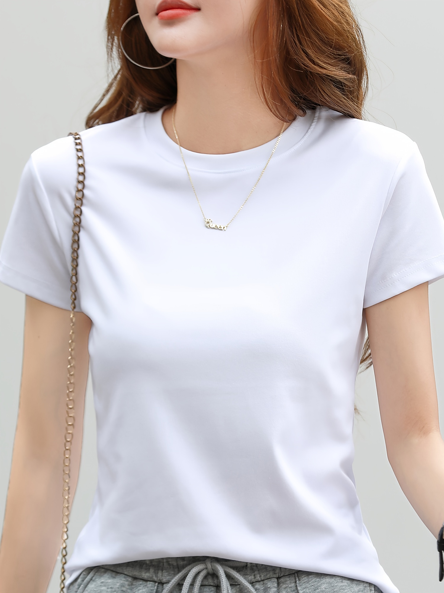 weka Korean Crew Neck T-Shirt - Solid Color, Medium Stretch, Regular Sleeve, Spring/Summer/Fall, Knit Fabric, Polyester, 180g/m?