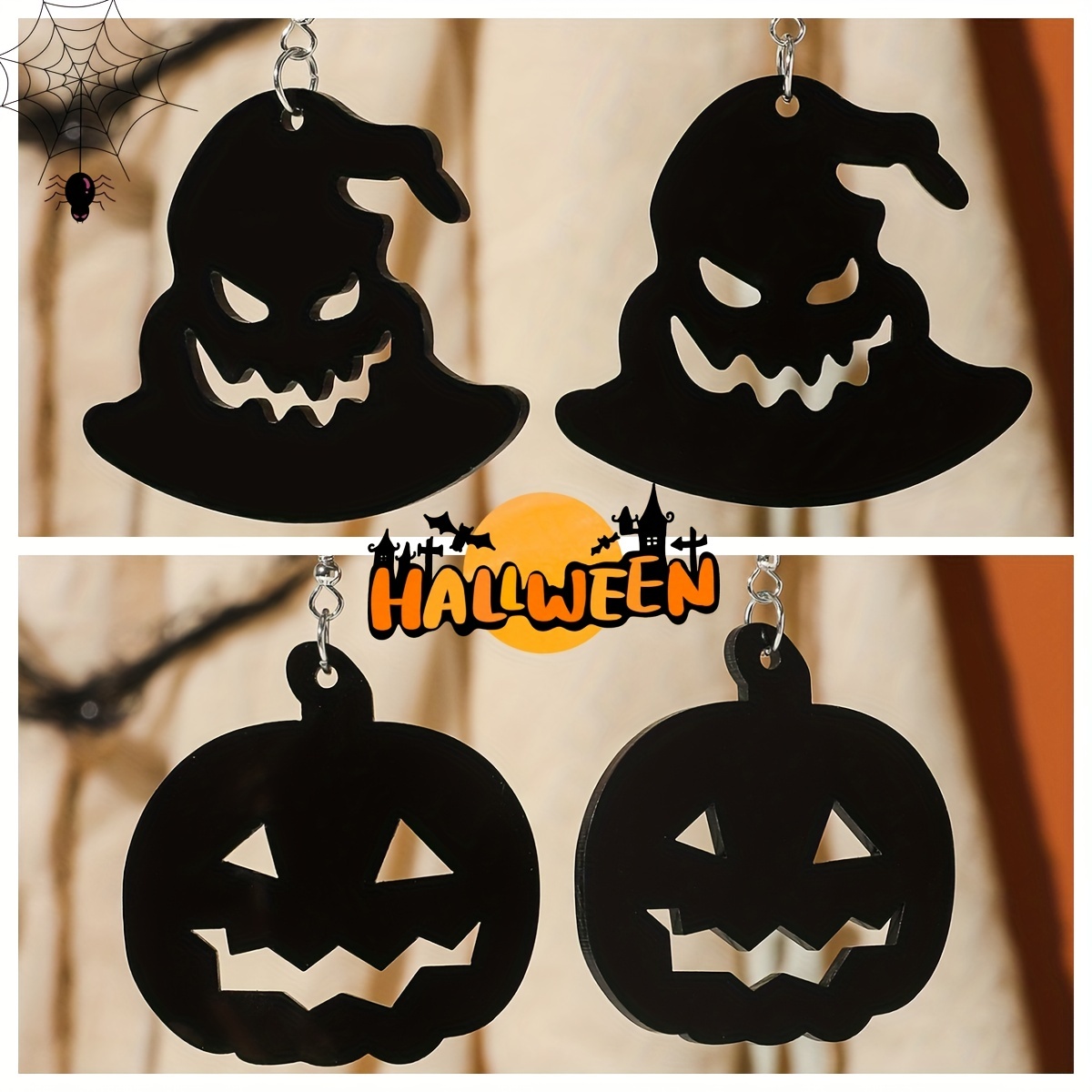 ハロウィンの幽霊の顔のかぼちゃ/魔女の帽子のデザインのブラックダングルイヤリングパーティーカートゥーンスタイルクラシックハロウィンギフト　Temu　Japan