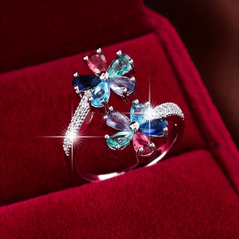 TEMU Shape With Colored Synthetic Synthetic Zirconia Adjustable Open Ladies Ring, Casual Accessory, Versatile Ring, Dainty Ring, Elegant Style,