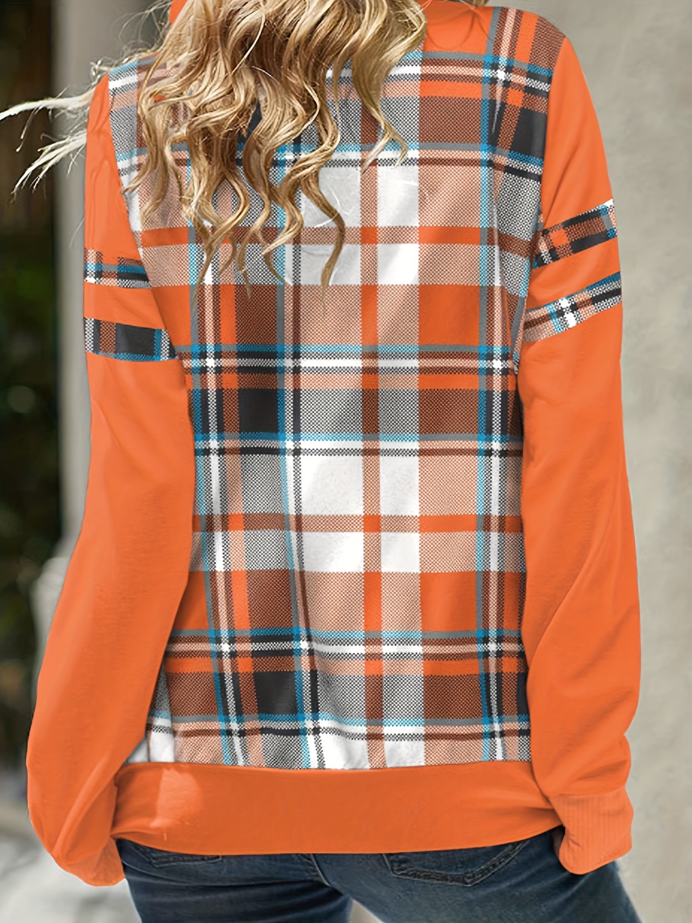 Women Plus Size Casual Plaid Colorblock Drawstring Hoodie Sweatshirt