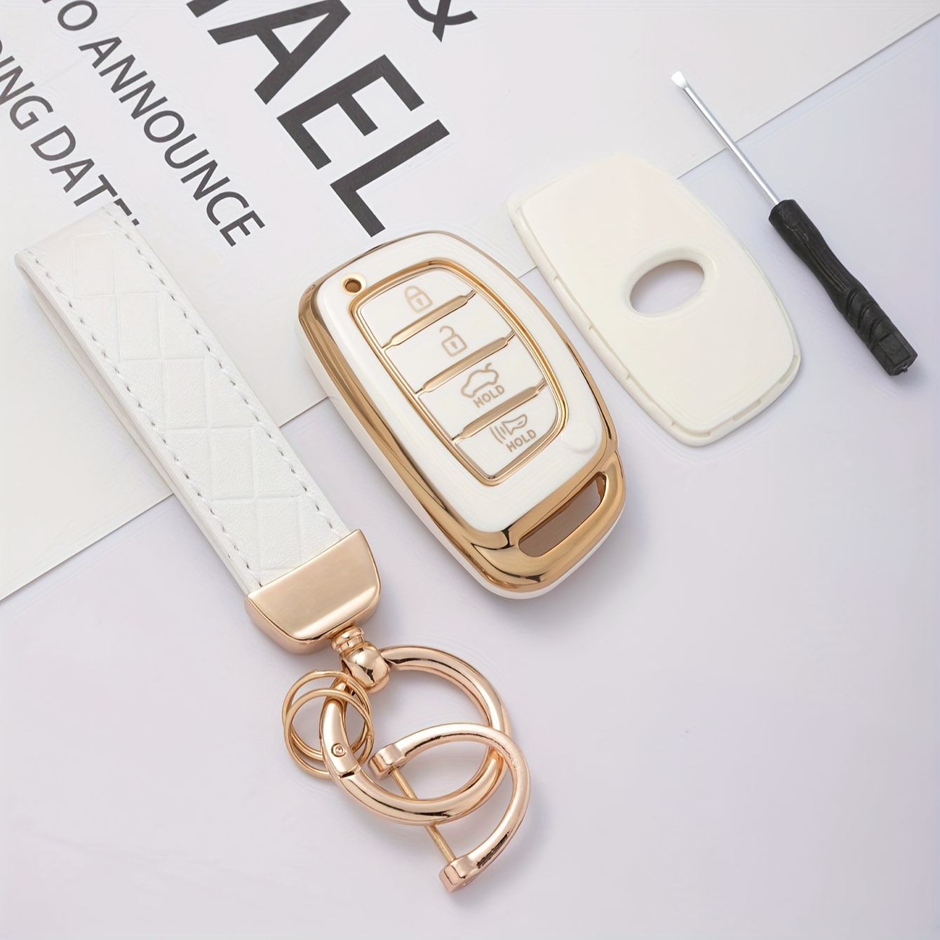 3pcs TPU Material Car Key Case + Embossed Faux Leather Rope Keychain  Including Screwdriver Universal Key Chain For Smart 4 Keys Car Keys