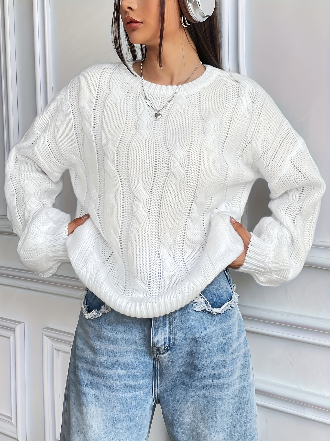 Solid Crew Neck Pointelle Knit Sweater, Casual Scallop Trim Long Sleeve  Sweater, Women's Clothing