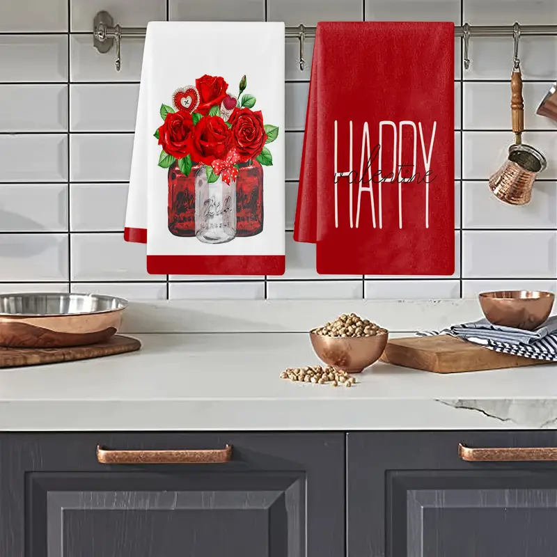 Valentine's Day Kitchen Towels Dish Towels, happy Love Red Heart