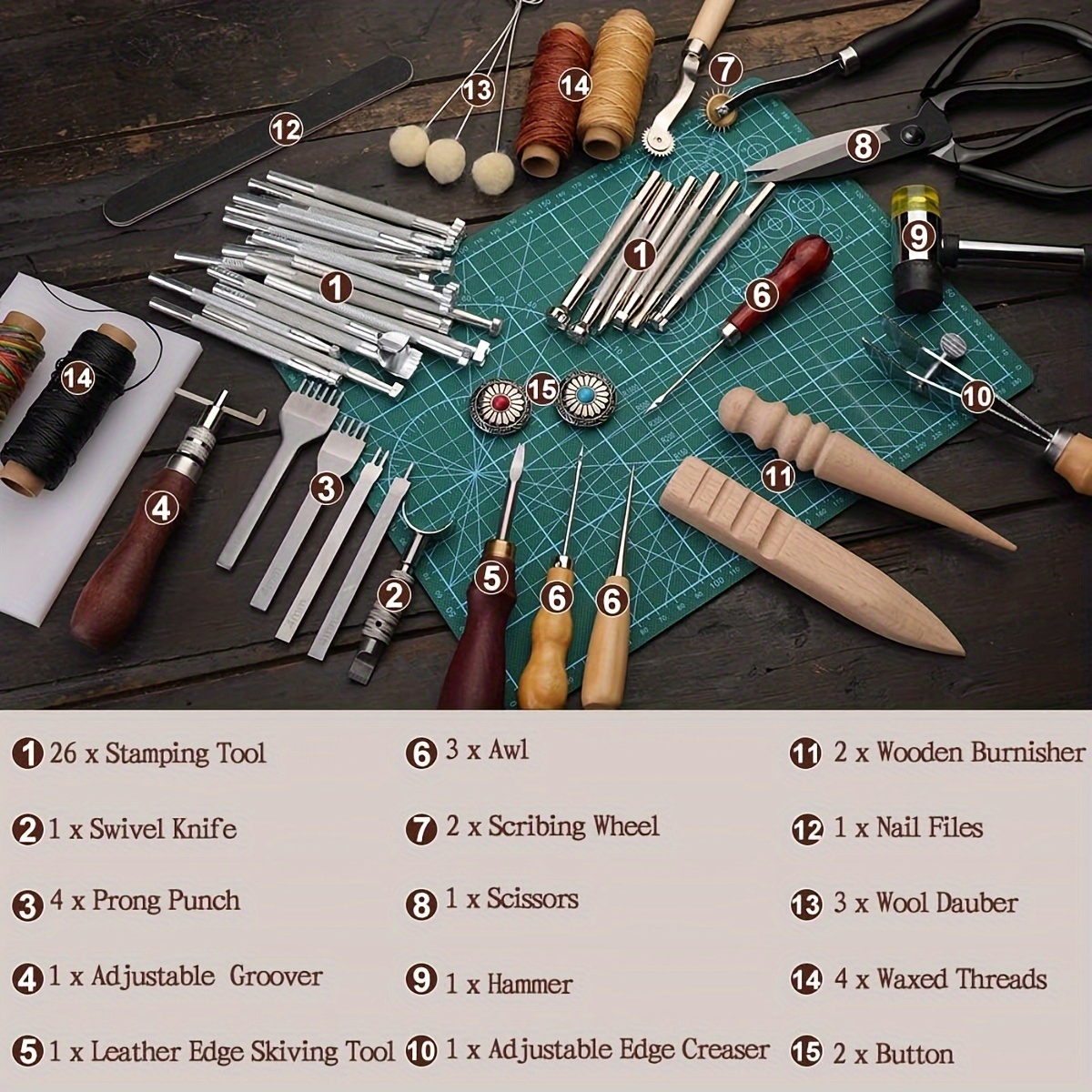 243pcs Leather Working Tools And Supplies With Instruction, Leather  Stamping Tools, Snaps And Fasteners Kit, Waxed Thread Cord, Cutting Mat,  Leather Tooling Starter Kit For Diy Leather Craft