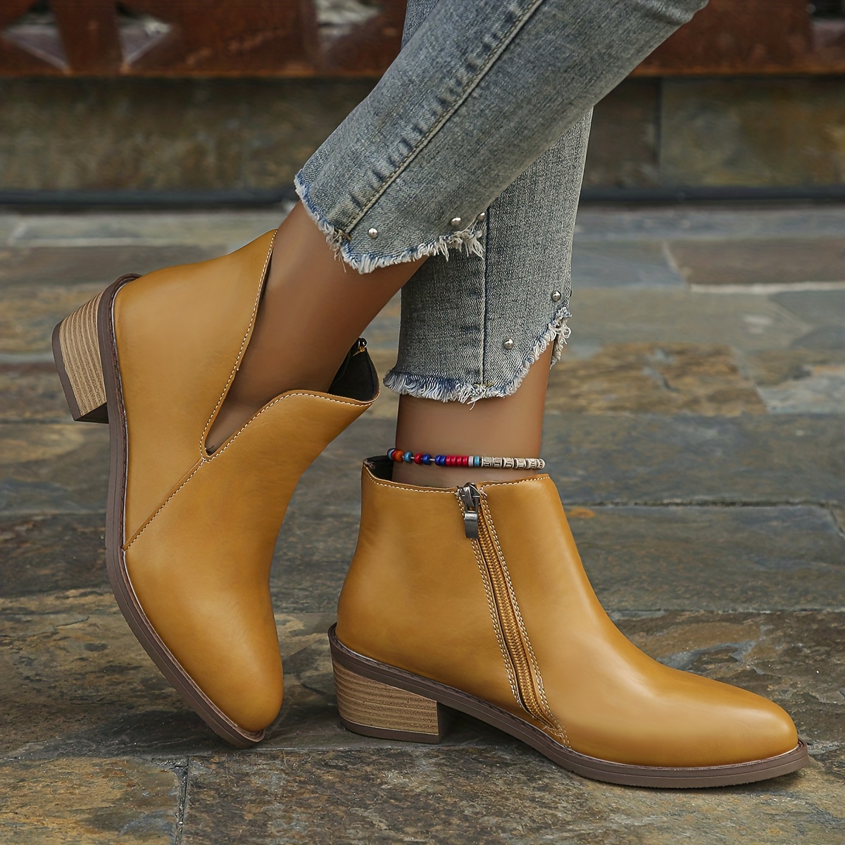 Women's Retro Ruched Ankle Boots Solid Color Zipper Chunky - Temu