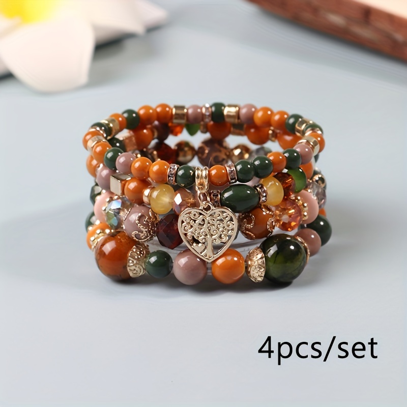 Heart Charm Beads Layered Bracelet Set Pompomia Bracelet - Temu