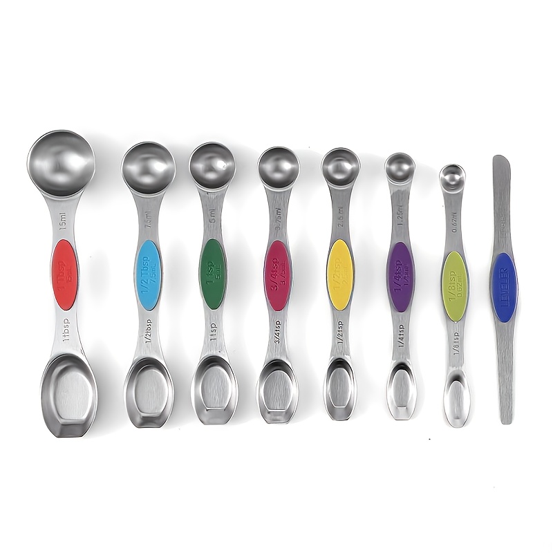 Magnetic Measuring Spoons Set, Dual Sided, Stainless Steel, Fits in Spice Jars, White, Set of 8