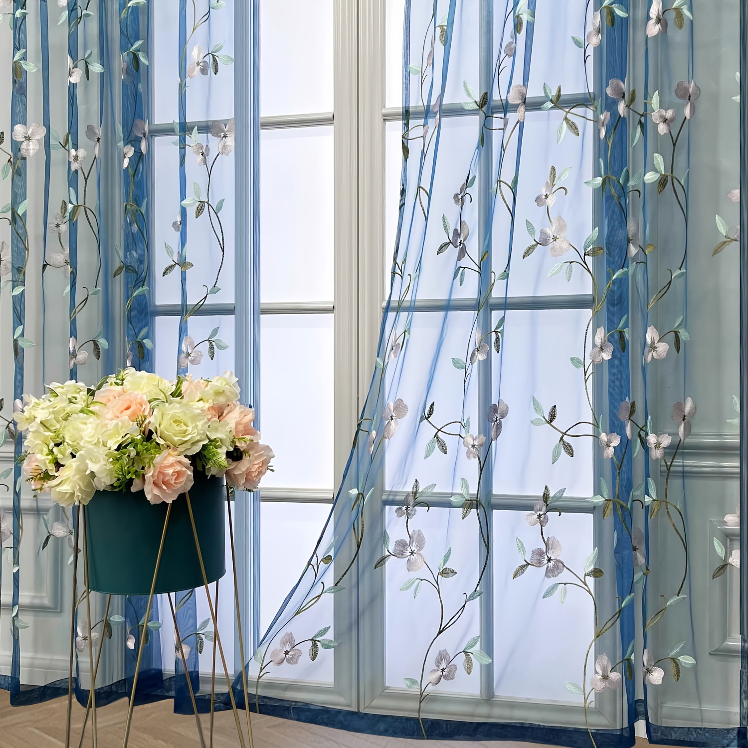 MIULEE Decorative Sheer Curtains with Embroidered Leaf Pattern for Liv